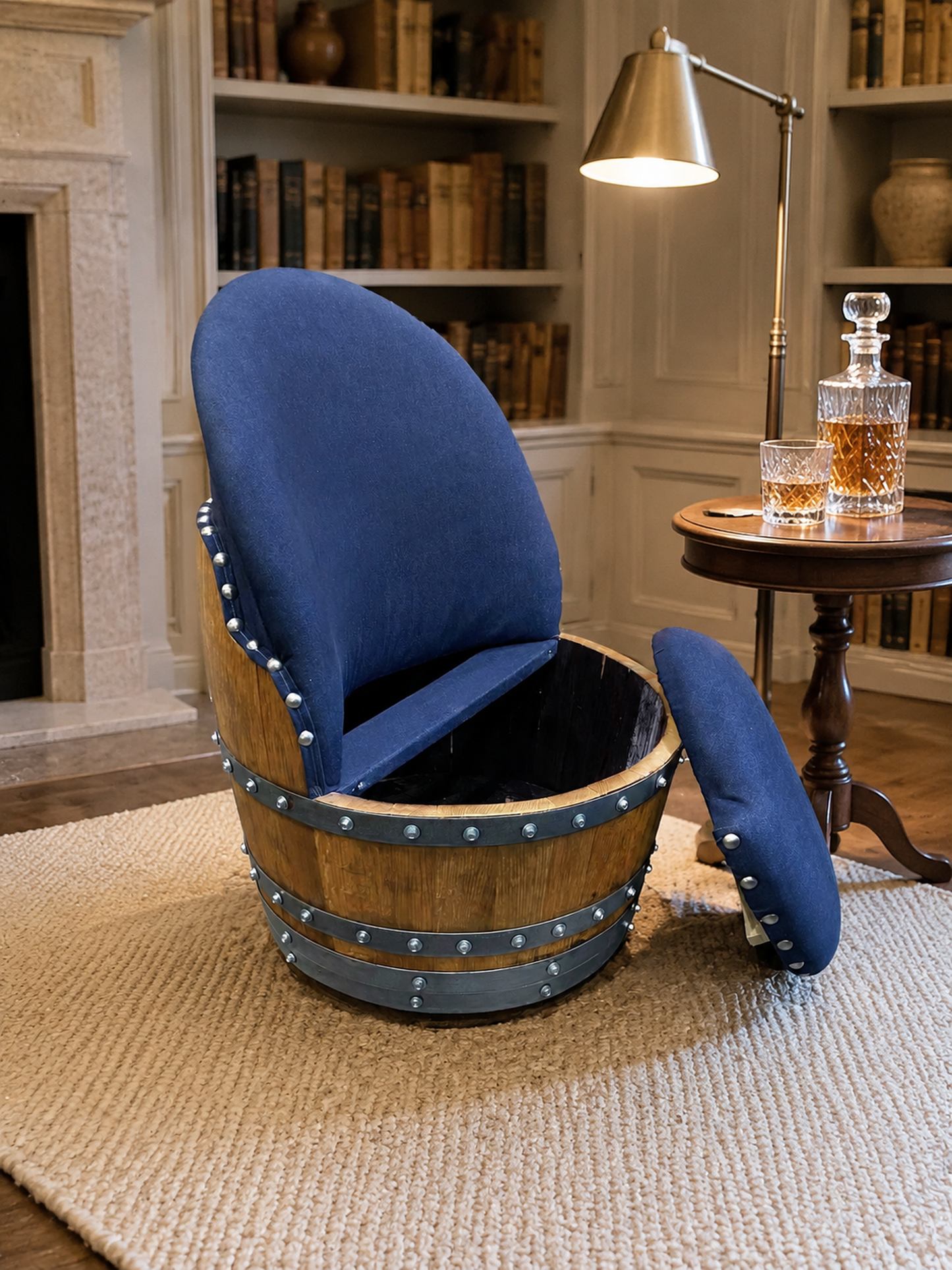 Whiskey & Wine Barrel Armchair with Hidden Safe — Memory Foam, Dark Navy Blue Upholstery