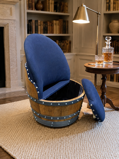 Whiskey & Wine Barrel Armchair with Hidden Safe — Memory Foam, Dark Navy Blue Upholstery