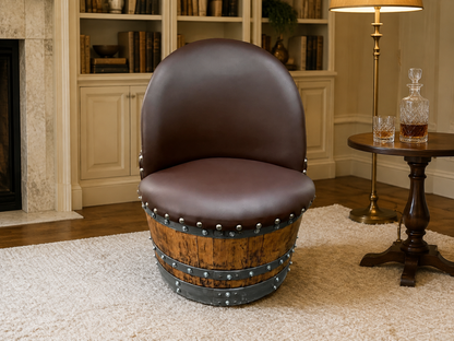 Whiskey & Wine Barrel Armchair with Hidden Safe — Memory Foam, Brown Upholstery
