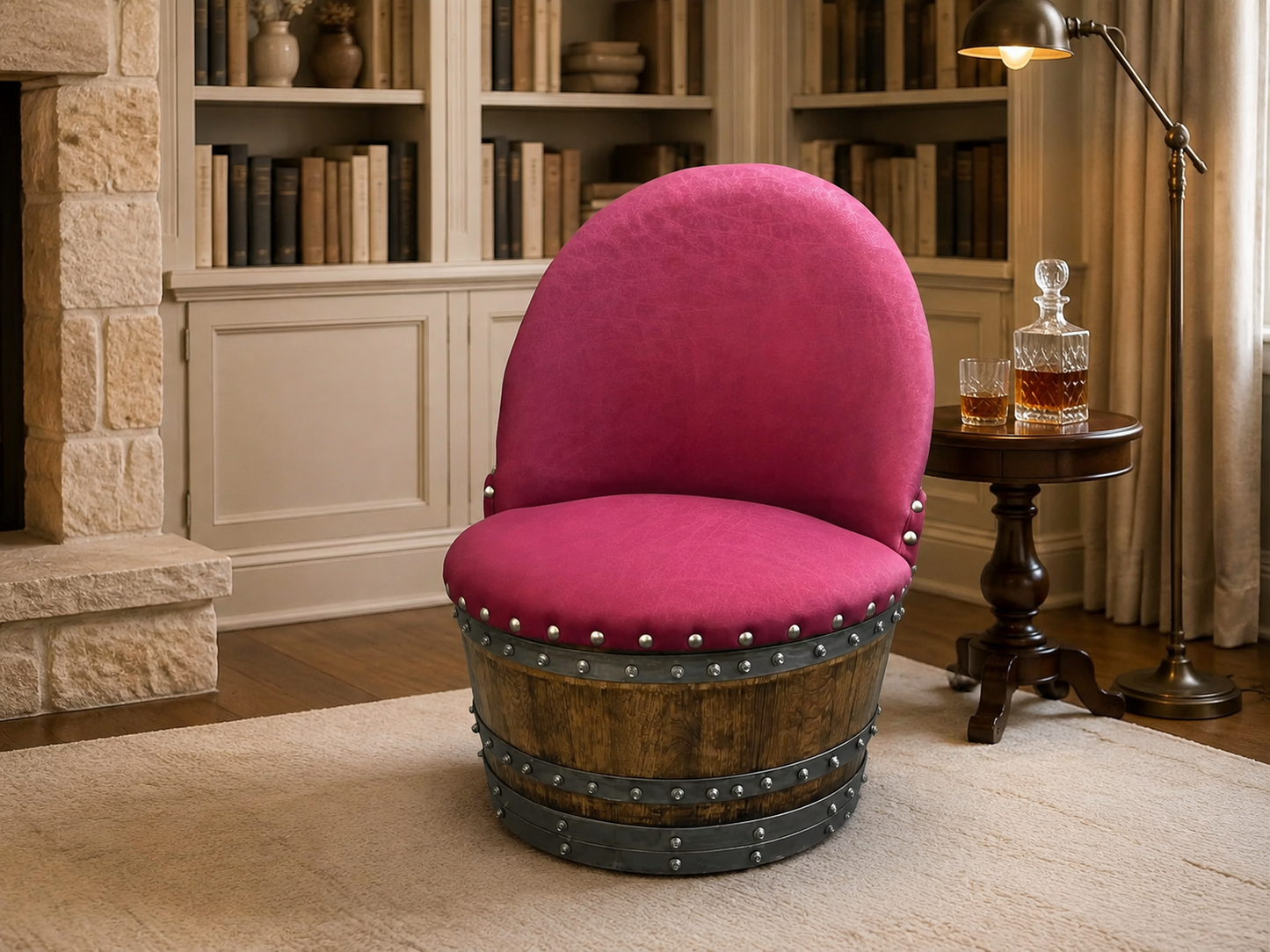 Whiskey & Wine Barrel Armchair with Hidden Safe — Memory Foam, Burgundy Berry Upholstery