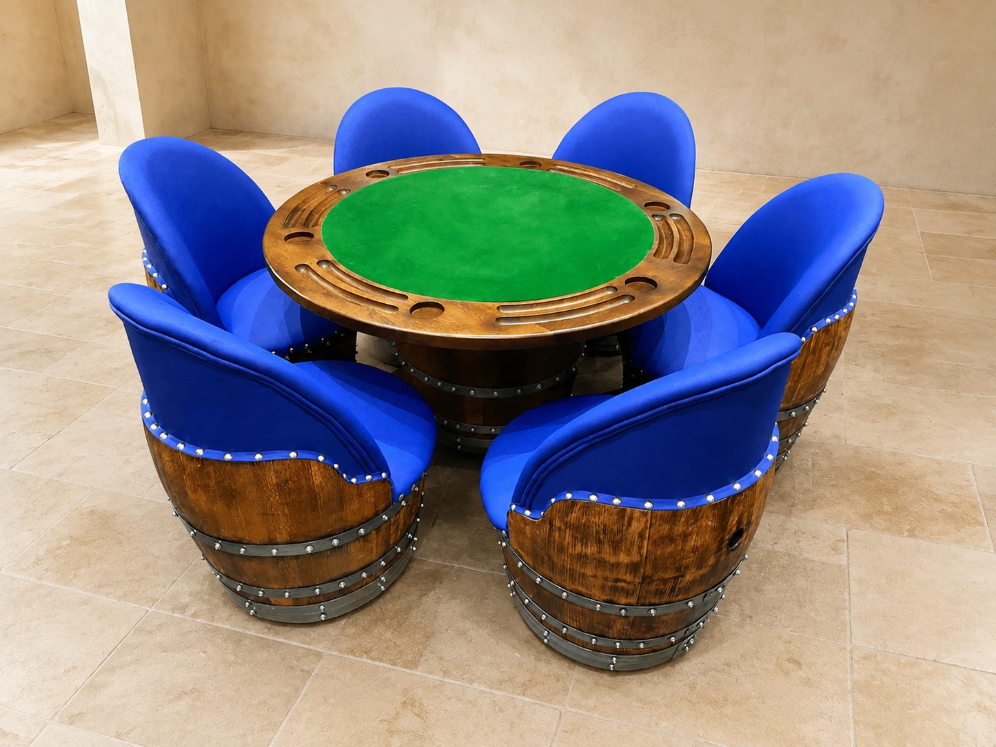 Whiskey & Wine Barrel Lounge Chair — Hidden Storage, Memory Foam, Sea Blue Upholstery (Limited)