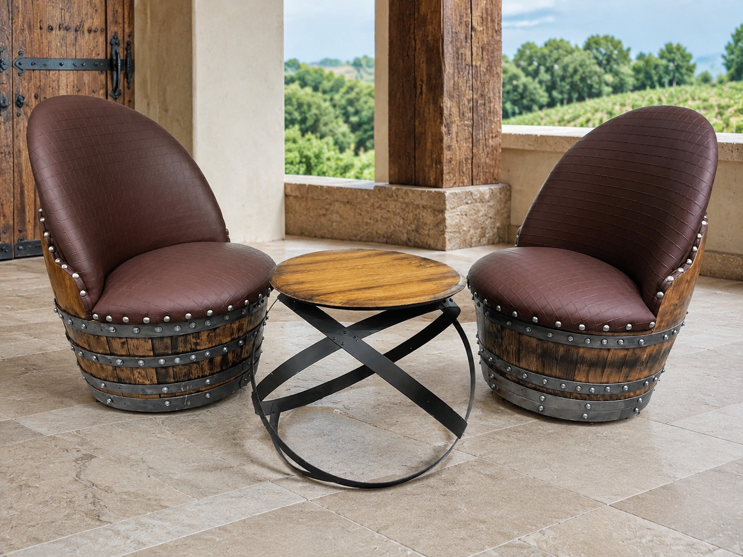 Whiskey & Wine Barrel Hoop Table Set — 2 Chairs, Black Edition