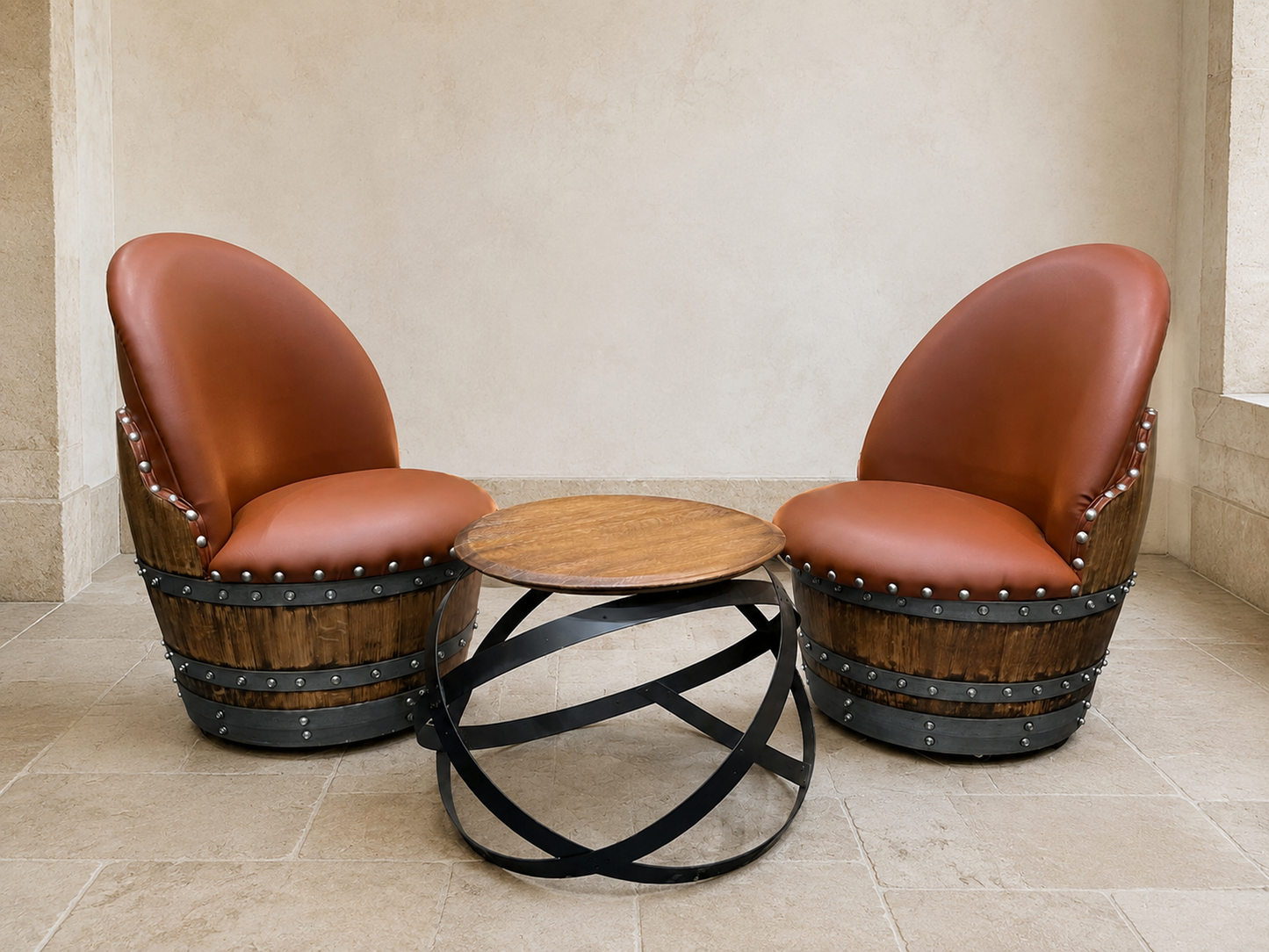 Whiskey & Wine Barrel Lounge Chair — Hidden Storage, Memory Foam, Rustic Brown Upholstery