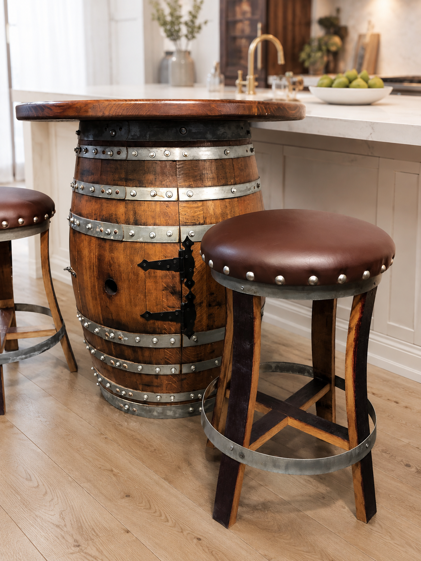 Whiskey & Wine Barrel Stool — Memory Foam, Brown Upholstery