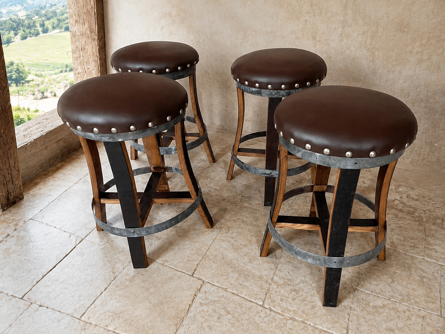 Whiskey & Wine Barrel Home Bar Set #2 — Bar Cabinet, Pub Table & Stools