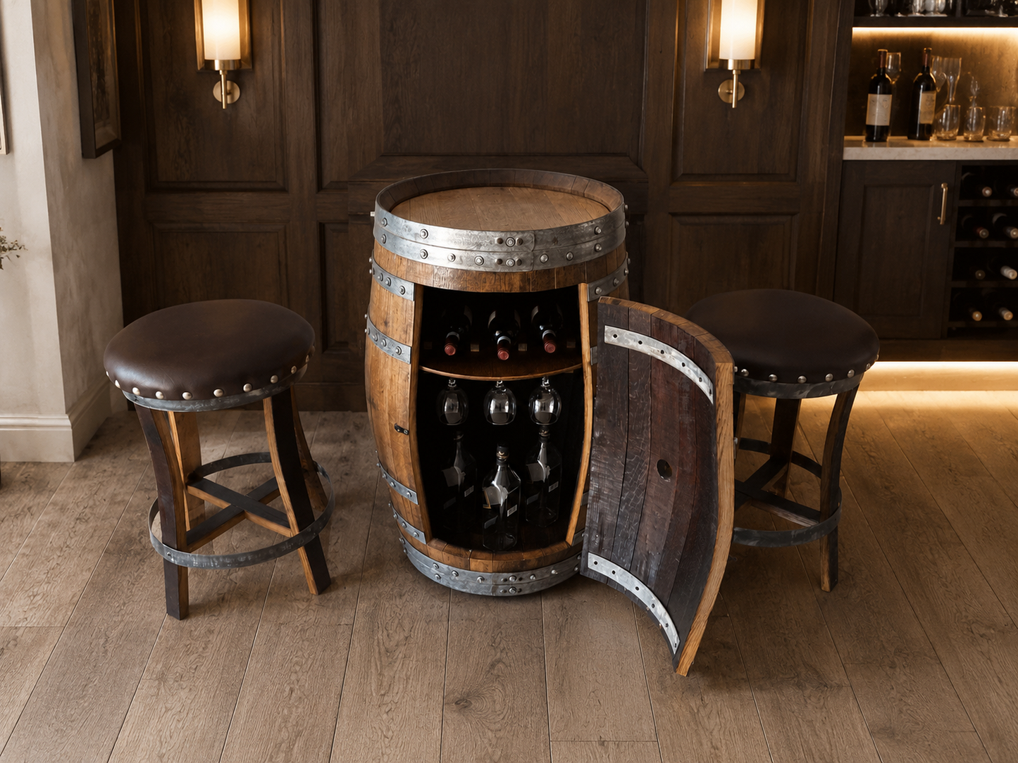 Whiskey & Wine Barrel Bar Set — Cabinet Storage, Bar Stools, No Top