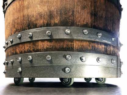 Whiskey & Wine Barrel Armchair with Hidden Safe — Memory Foam, Dark Navy Blue Upholstery