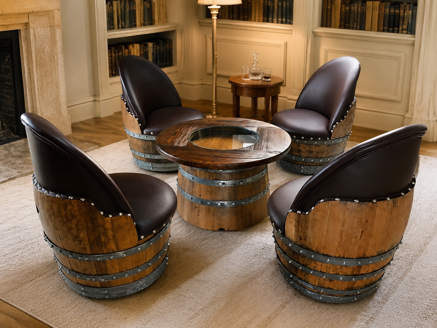 Whiskey & Wine Barrel Armchair with Hidden Safe — Memory Foam, Brown Upholstery