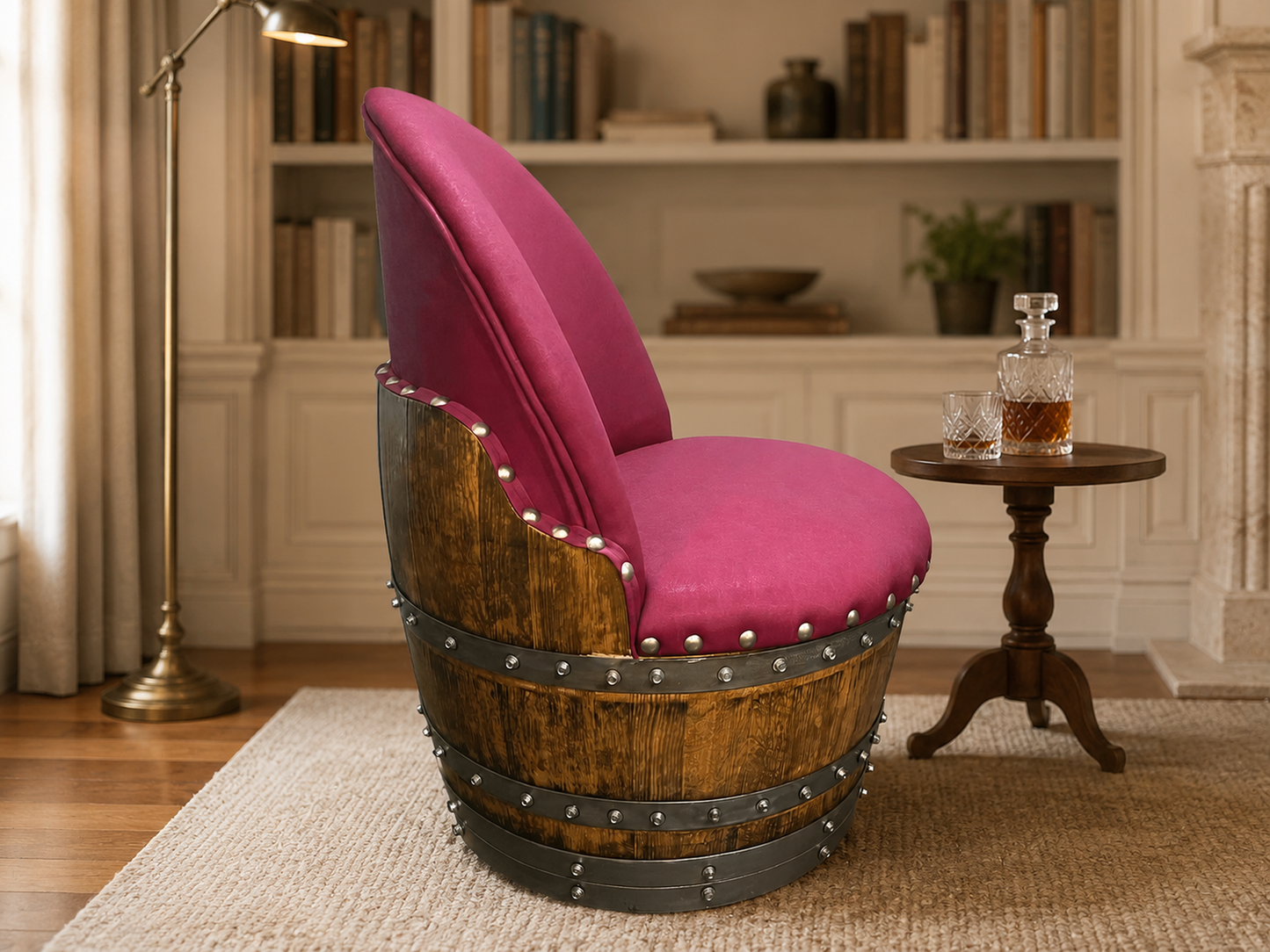 Whiskey & Wine Barrel Armchair with Hidden Safe — Memory Foam, Burgundy Berry Upholstery