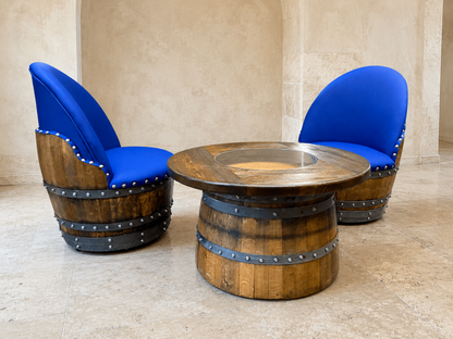Whiskey & Wine Barrel Lounge Chair — Hidden Storage, Memory Foam, Sea Blue Upholstery (Limited)