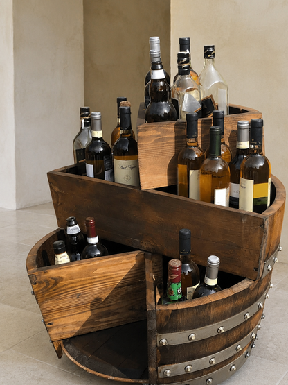 Whiskey & Wine Barrel Minibar Cabinet — Door Shelf, Reclaimed Oak
