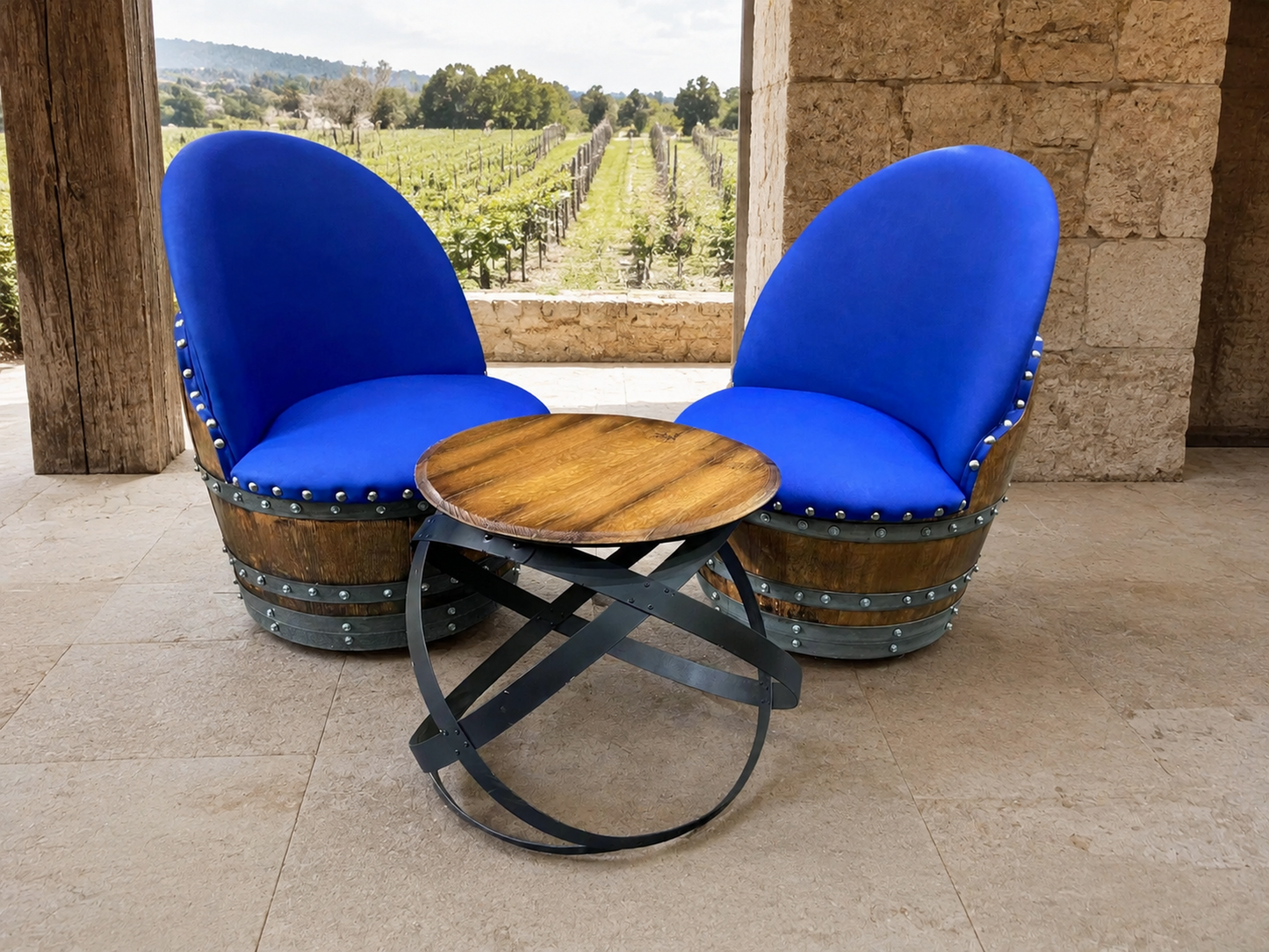 Whiskey & Wine Barrel Hoop Table Set — 2 Chairs, Black Edition