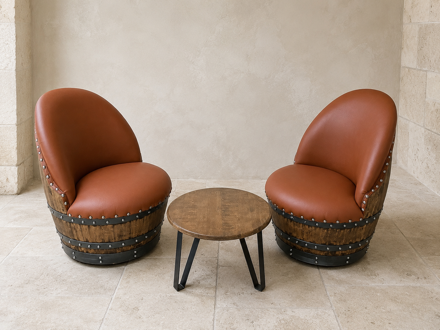 Whiskey & Wine Barrel Lounge Chair — Hidden Storage, Memory Foam, Rustic Brown Upholstery