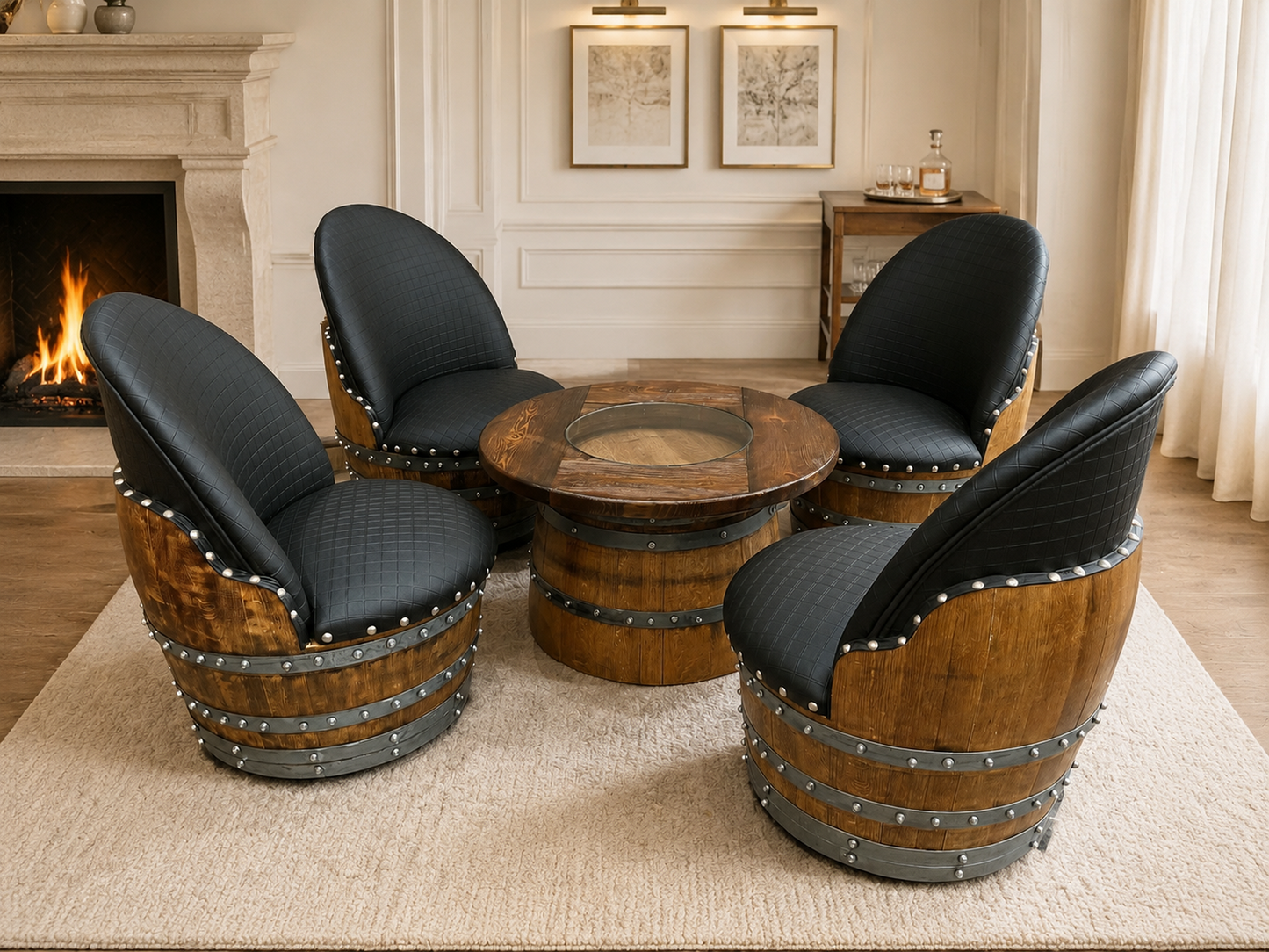 Whiskey & Wine Barrel Coffee Table — Half-Barrel Glass Top, Hidden Storage