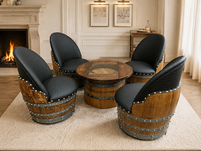 Whiskey & Wine Barrel Coffee Table — Half-Barrel Glass Top, Hidden Storage