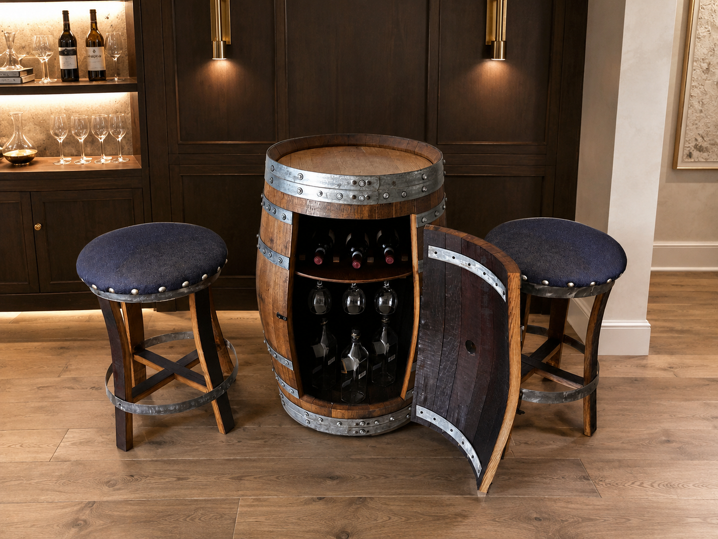 Whiskey & Wine Barrel Bar Set — Cabinet Storage, Bar Stools, No Top