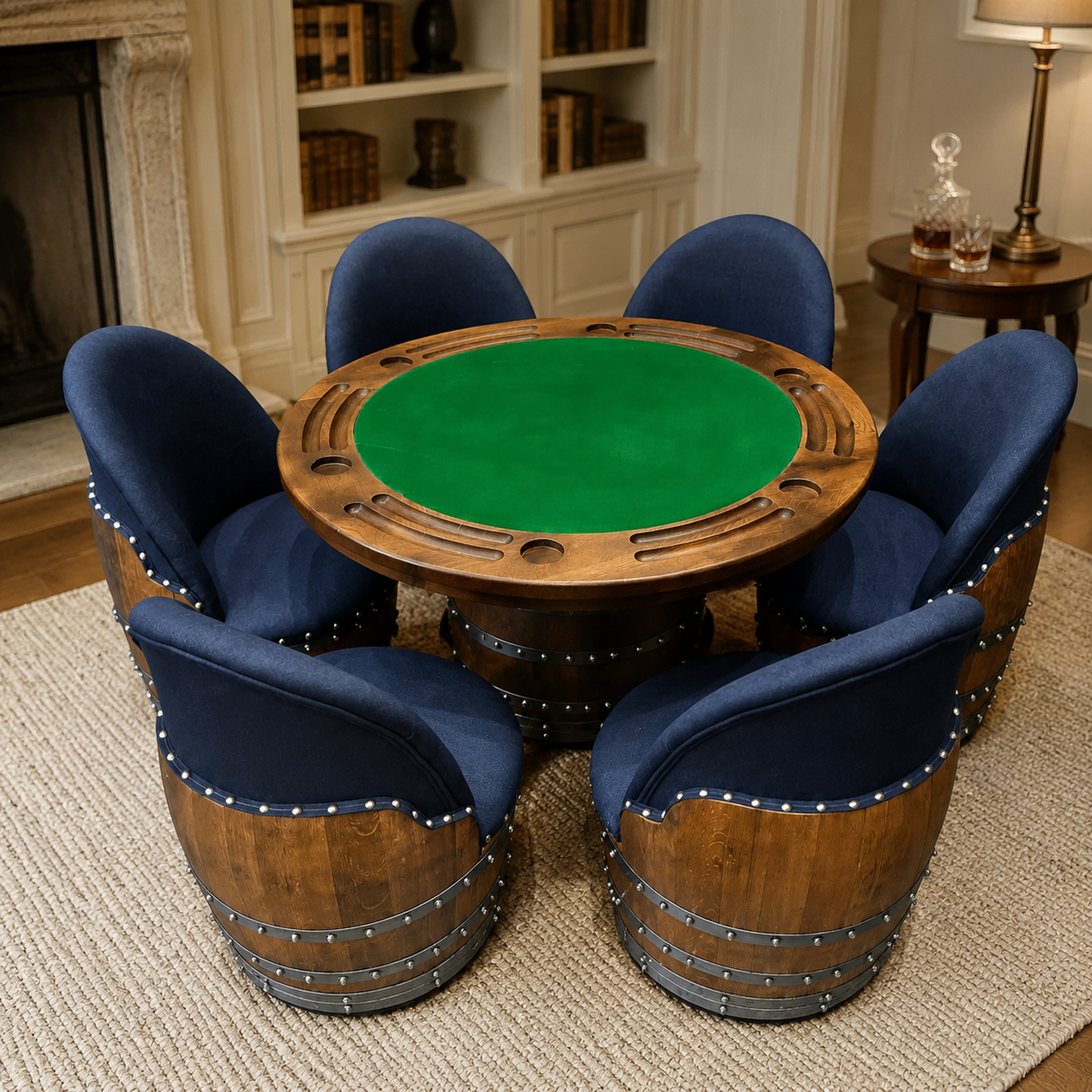 Whiskey & Wine Barrel Armchair with Hidden Safe — Memory Foam, Dark Navy Blue Upholstery