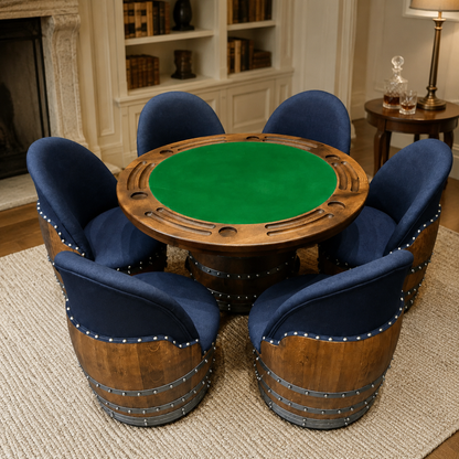 Whiskey & Wine Barrel Armchair with Hidden Safe — Memory Foam, Dark Navy Blue Upholstery