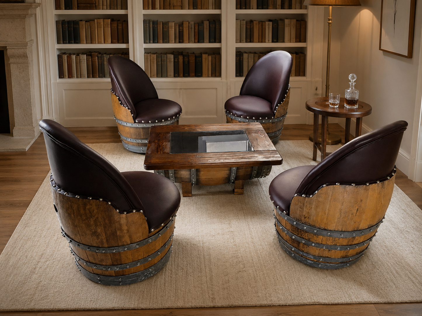 Whiskey & Wine Barrel Armchair with Hidden Safe — Memory Foam, Brown Upholstery