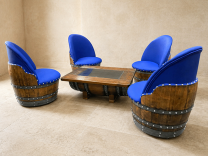 Whiskey & Wine Barrel Lounge Chair — Hidden Storage, Memory Foam, Sea Blue Upholstery (Limited)