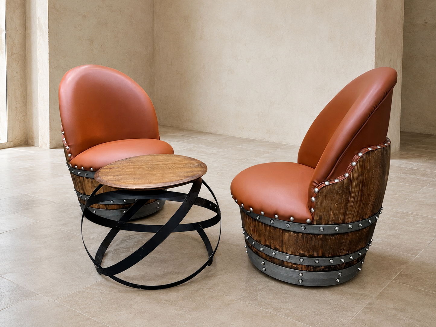 Whiskey & Wine Barrel Lounge Chair — Hidden Storage, Memory Foam, Rustic Brown Upholstery