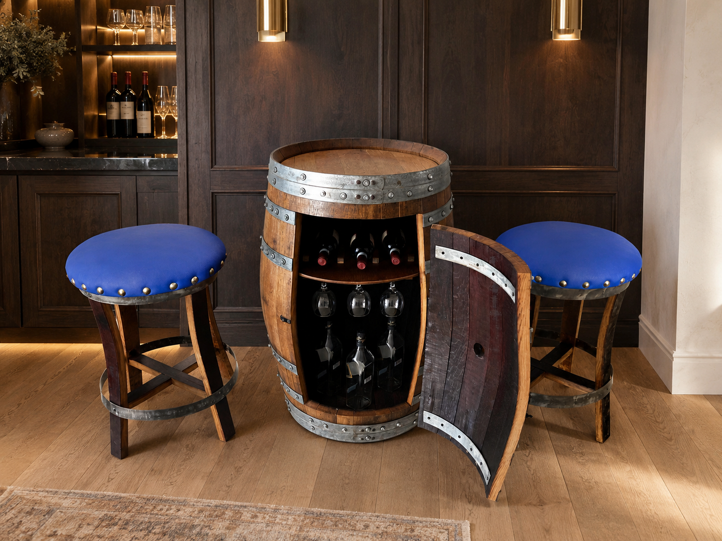 Whiskey & Wine Barrel Bar Set — Cabinet Storage, Bar Stools, No Top
