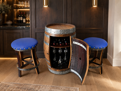 Whiskey & Wine Barrel Bar Set — Cabinet Storage, Bar Stools, No Top