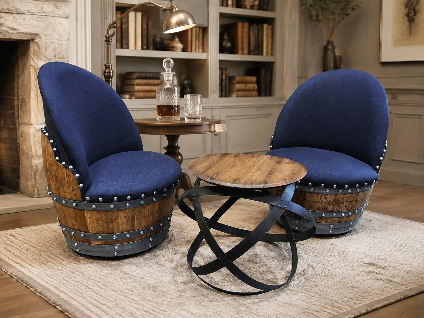 Whiskey & Wine Barrel Armchair with Hidden Safe — Memory Foam, Dark Navy Blue Upholstery