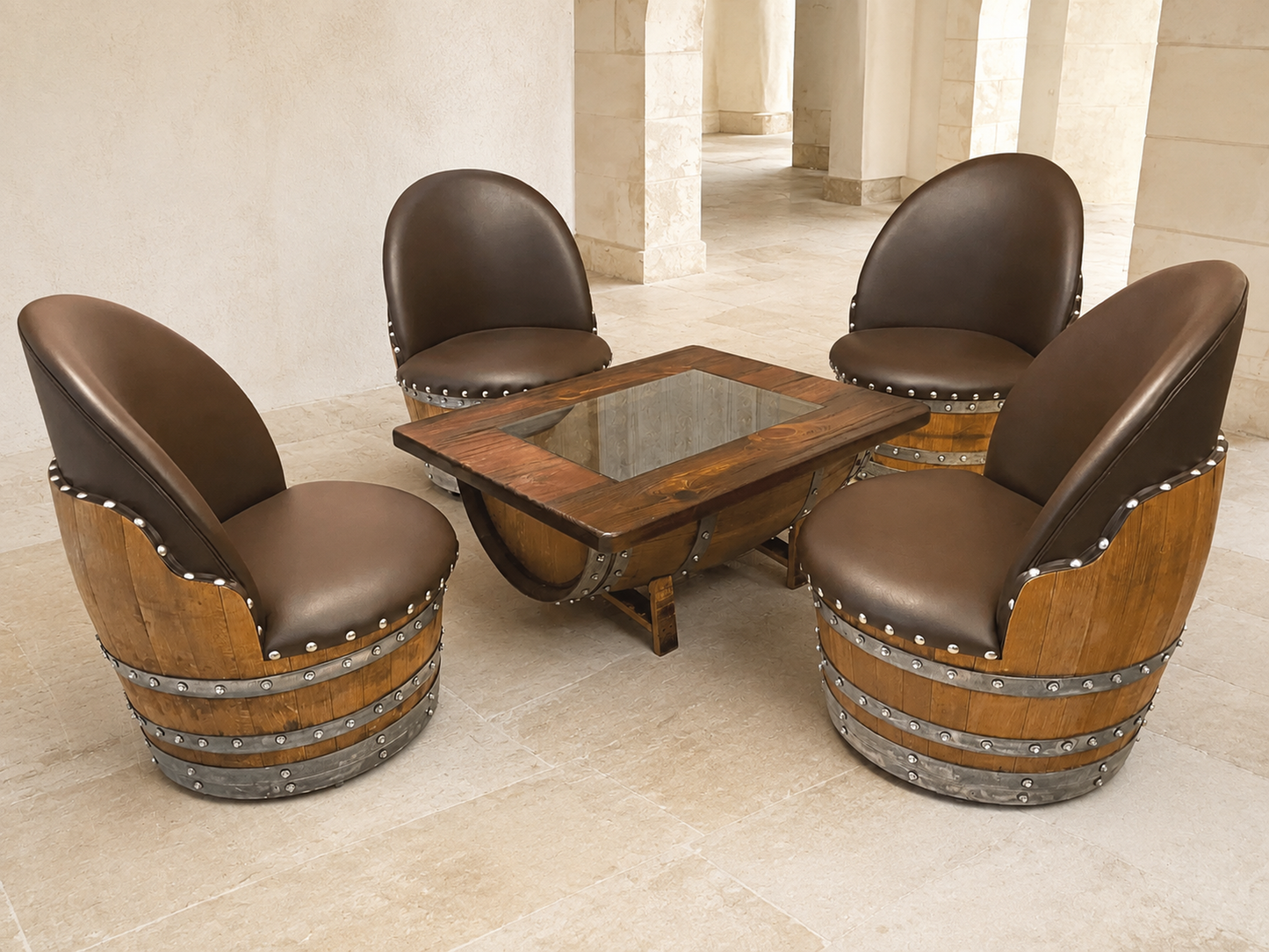 Whiskey & Wine Barrel Lounge Chair — Hidden Storage, Memory Foam, Brown Upholstery