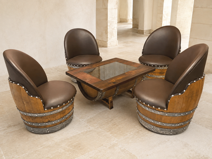 Whiskey & Wine Barrel Lounge Chair — Hidden Storage, Memory Foam, Brown Upholstery