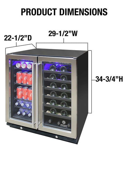 Vinotemp 33 Bottle/101 Can Wine & Beverage Dual-Zone 2 Door Cooler, Stainless