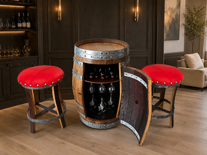 Whiskey & Wine Barrel Bar Set — Cabinet Storage, Bar Stools, No Top