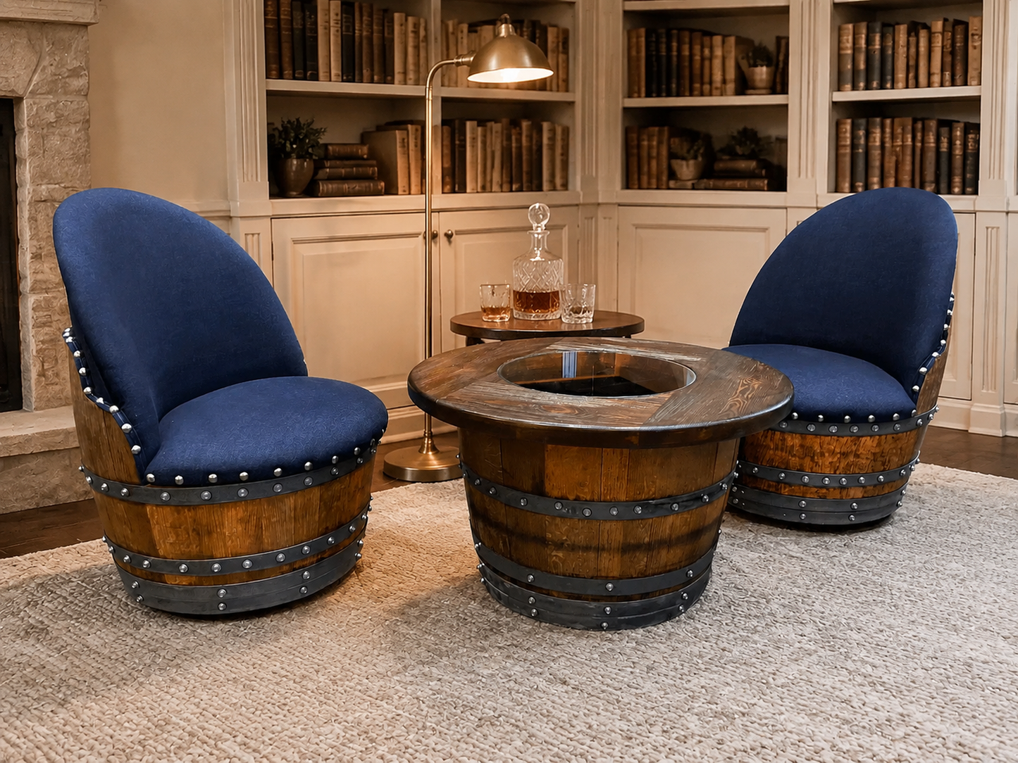 Whiskey & Wine Barrel Armchair with Hidden Safe — Memory Foam, Dark Navy Blue Upholstery