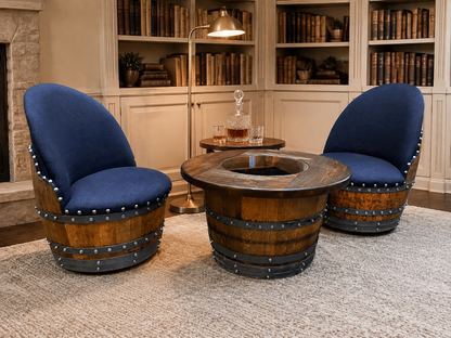 Whiskey & Wine Barrel Armchair with Hidden Safe — Memory Foam, Dark Navy Blue Upholstery