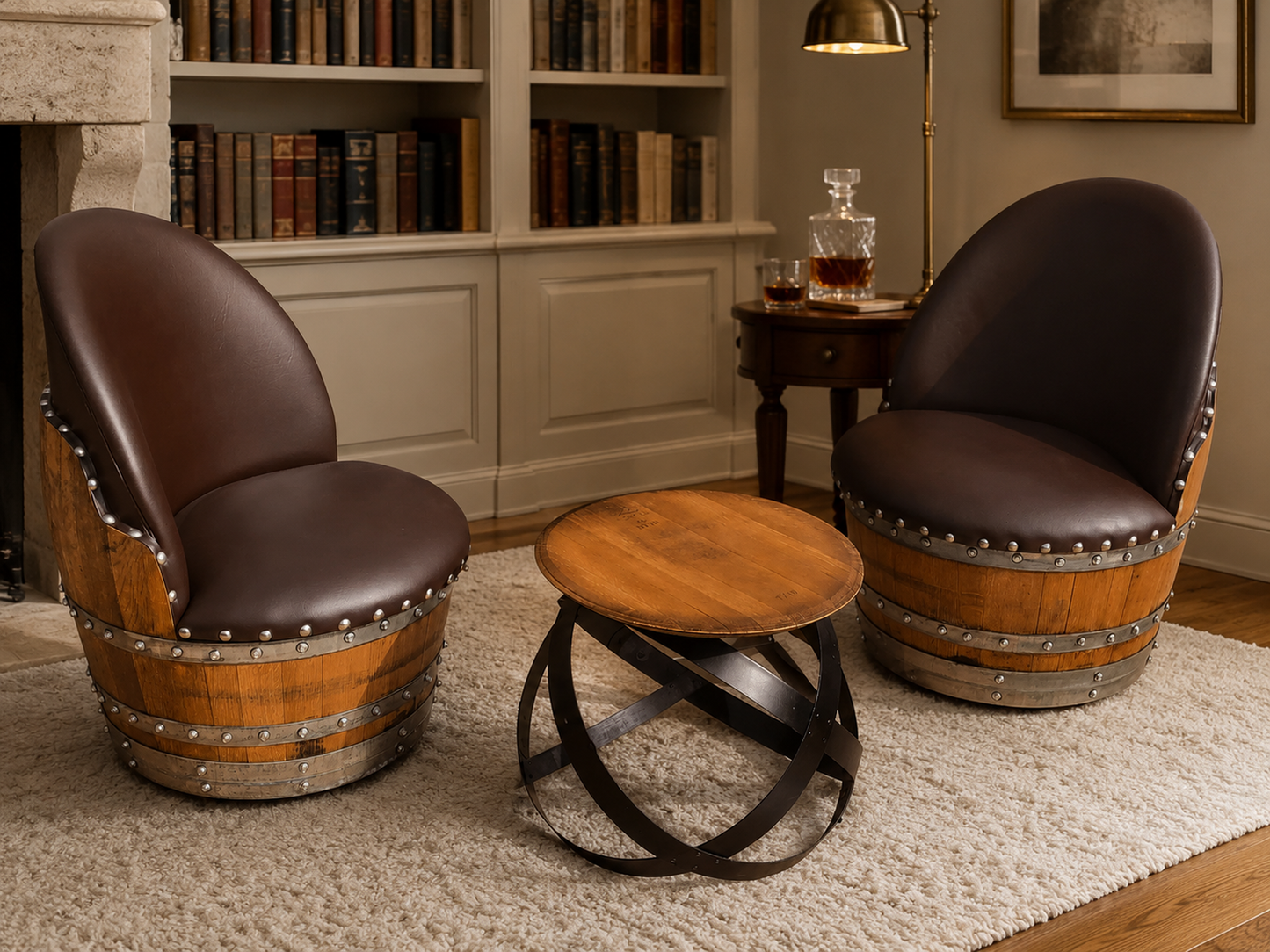 Whiskey & Wine Barrel Armchair with Hidden Safe — Memory Foam, Brown Upholstery