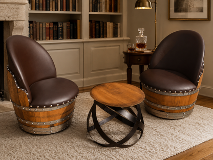 Whiskey & Wine Barrel Armchair with Hidden Safe — Memory Foam, Brown Upholstery