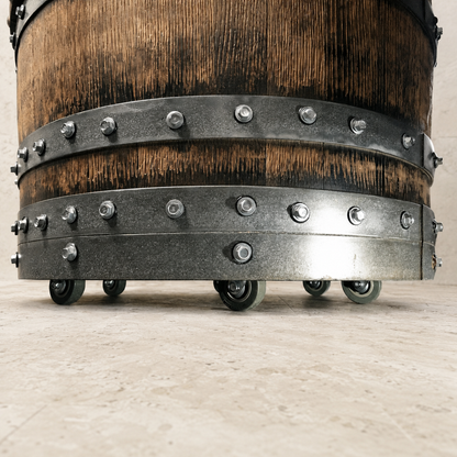 Whiskey & Wine Barrel Lounge Chair — Hidden Storage, Memory Foam, Rustic Brown Upholstery