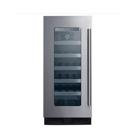 Summit Appliance 15 inch Undercounter Wine Cooler with Wood Racks, Single Temperature Zone & 23-Bottle Capacity - Stainless Steel
