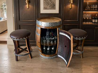 Whiskey & Wine Barrel Bar Set — Cabinet Storage, Bar Stools, No Top