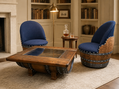 Whiskey & Wine Barrel Armchair with Hidden Safe — Memory Foam, Dark Navy Blue Upholstery