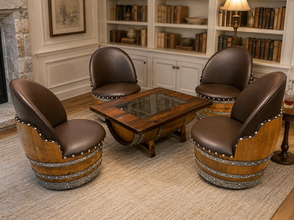 Whiskey & Wine Barrel Armchair with Hidden Safe — Memory Foam, Brown Upholstery