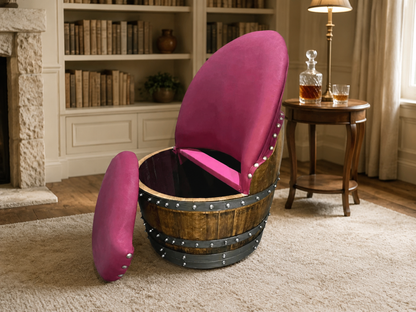 Whiskey & Wine Barrel Armchair with Hidden Safe — Memory Foam, Burgundy Berry Upholstery