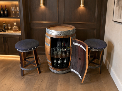 Whiskey & Wine Barrel Bar Set — Cabinet Storage, Bar Stools, No Top