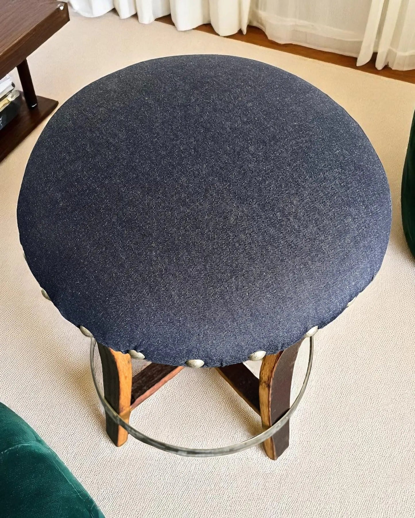 Whiskey & Wine Barrel Stool — Memory Foam, Dark Navy Blue Upholstery