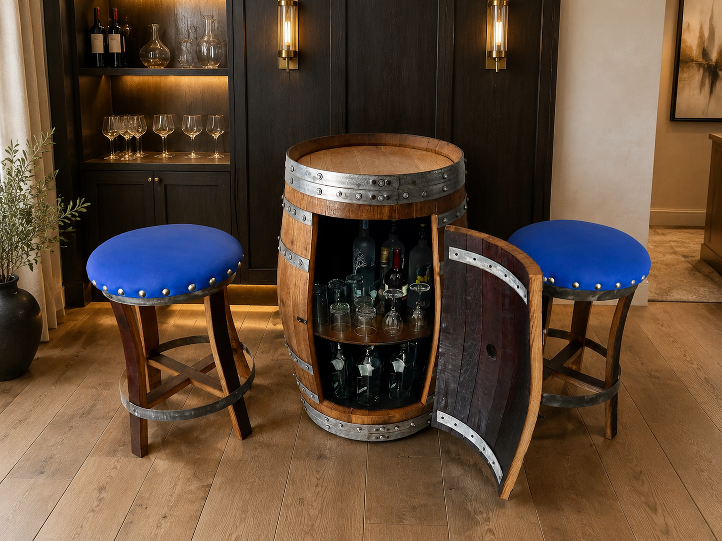 Whiskey & Wine Barrel Bar Set — Cabinet Storage, Bar Stools, No Top