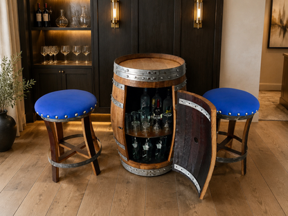 Whiskey & Wine Barrel Bar Set — Cabinet Storage, Bar Stools, No Top