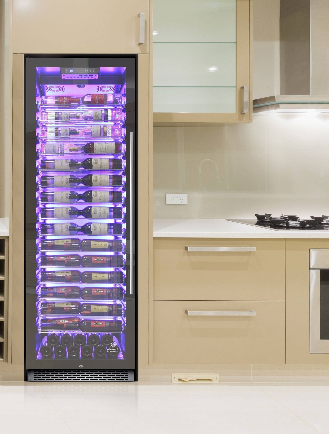 Vinotemp 141 Bottle Single-Zone Wine Cooler, 3 Color Backlit Lighting, Black Body, Stainless Steel Door (Left Hinge)