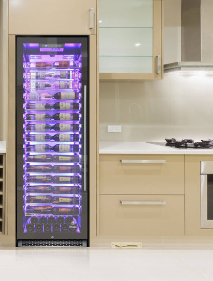 Vinotemp 141 Bottle Single-Zone Wine Cooler, 3 Color Backlit Lighting, Black Body, Stainless Steel Door (Left Hinge)