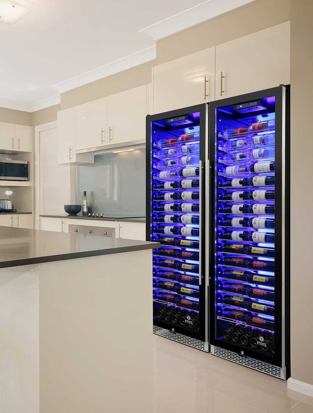 Vinotemp 141 Bottle Single-Zone Wine Cooler, 3 Color Backlit Lighting, Black Body, Stainless Steel Door (Left Hinge)