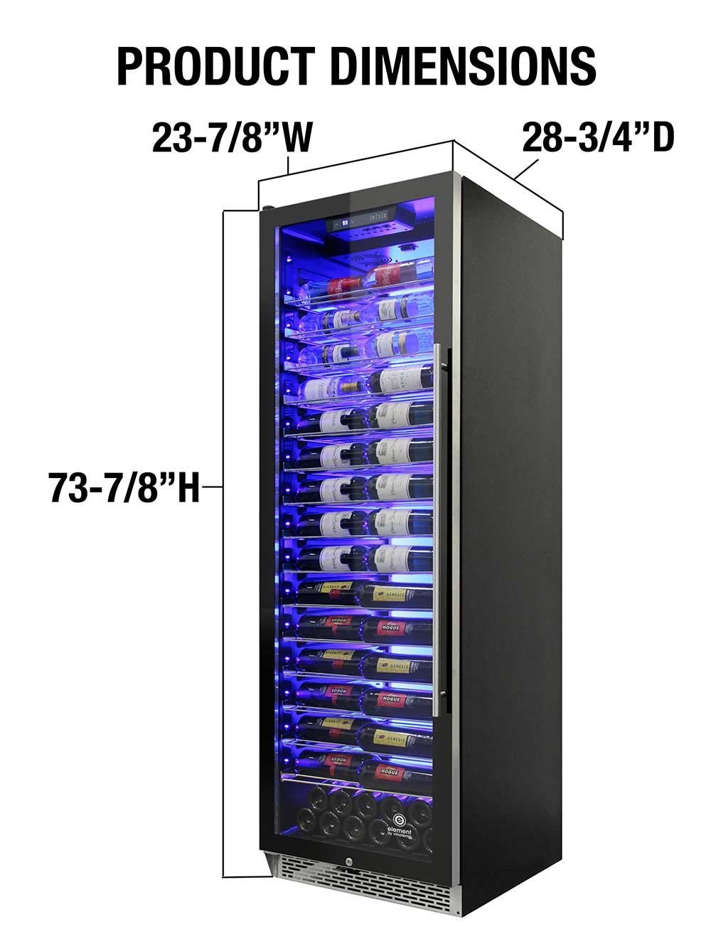 Vinotemp 141 Bottle Single-Zone Wine Cooler, 3 Color Backlit Lighting, Black Body, Stainless Steel Door (Left Hinge)